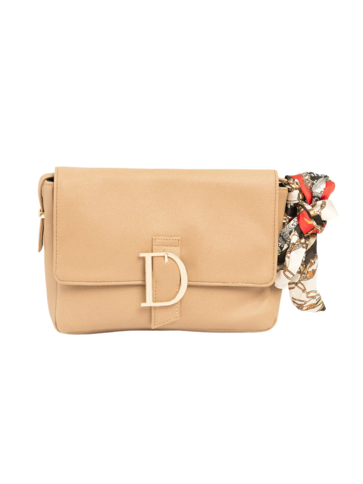Beige Rexine Flap Handbag with Buckle Detail