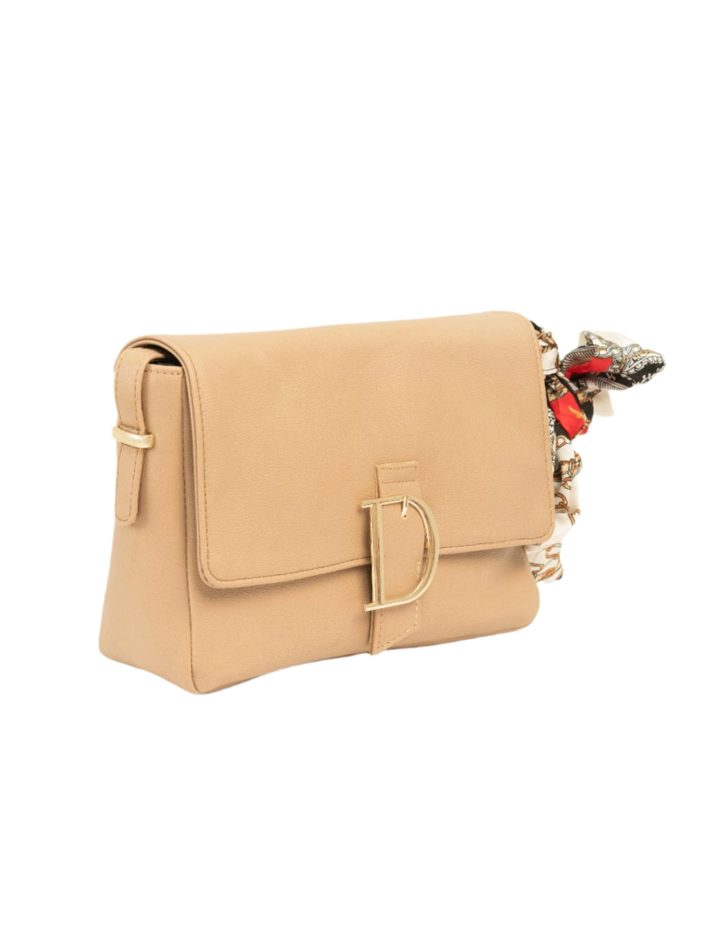 Beige Rexine Flap Handbag with Buckle Detail