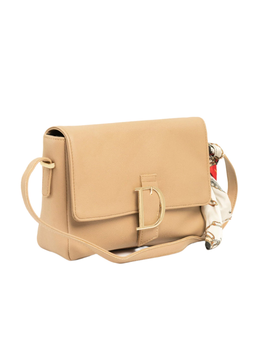 Beige Rexine Flap Handbag with Buckle Detail