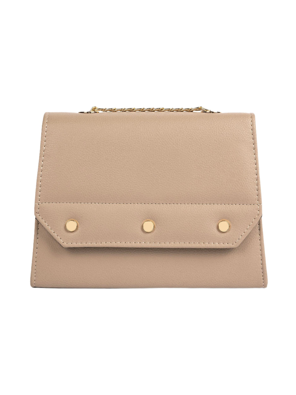 Beige Rexine Handbag with Metallic Chain Strap