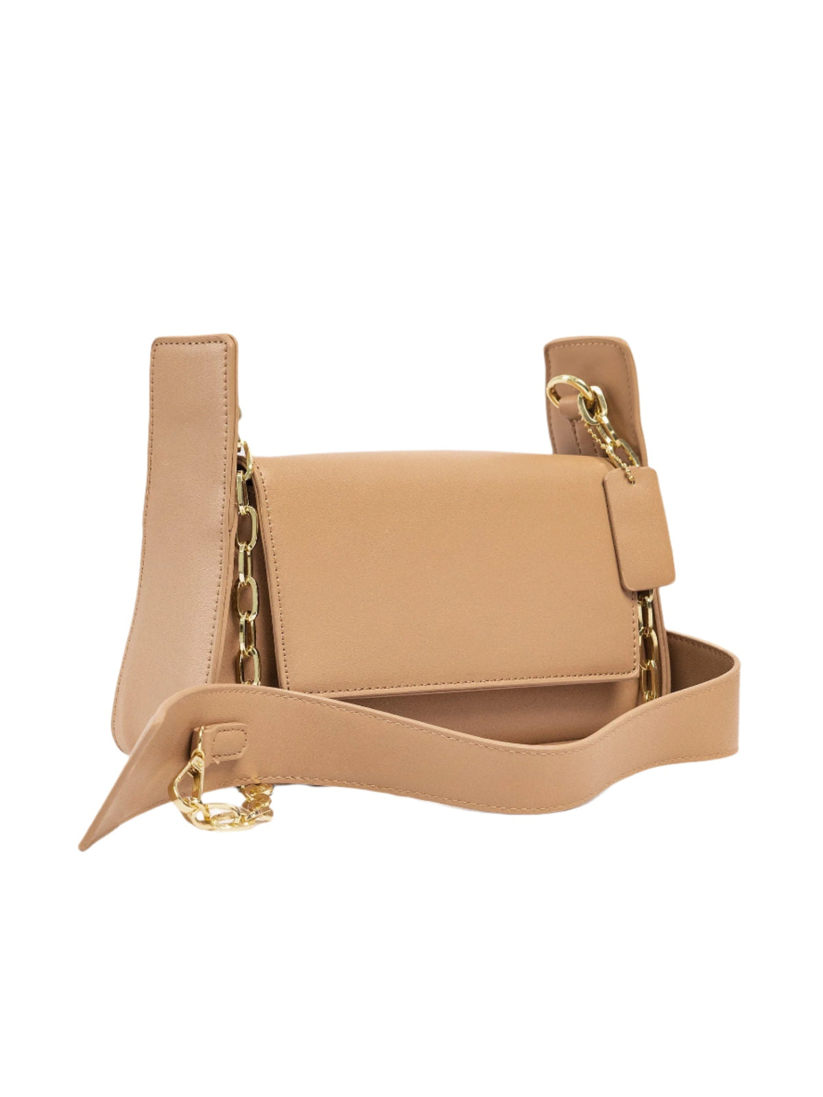 Beige Rexine Handbag with Detachable Chain Strap