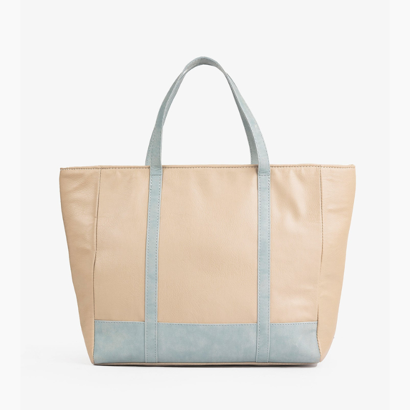 Beige Tote Bag with Light Blue Accents