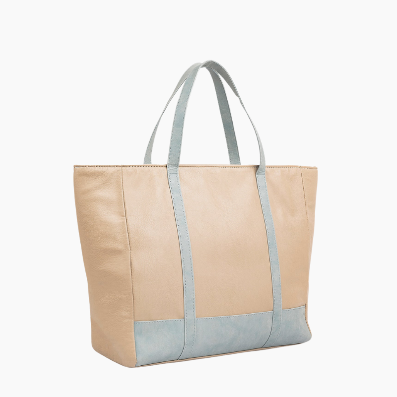 Beige Tote Bag with Light Blue Accents