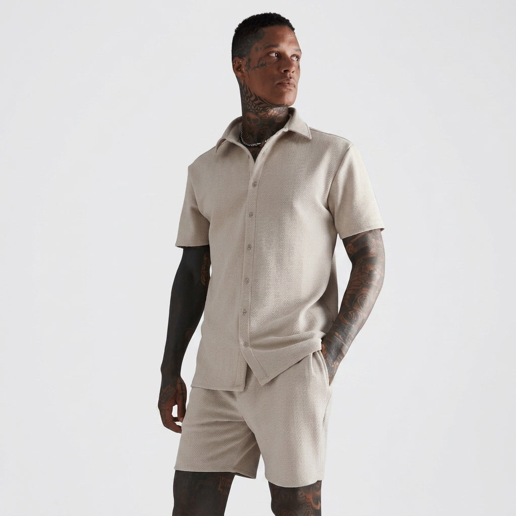 Short Sleeve Jersey Herringbone Shirt & Short Set