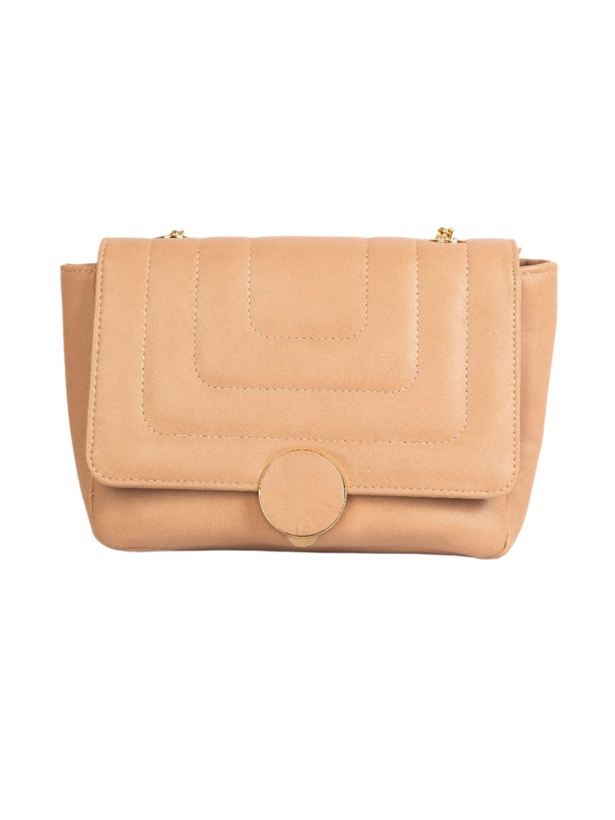 Beige Rexine Handbag with Chain Handle and Brooch