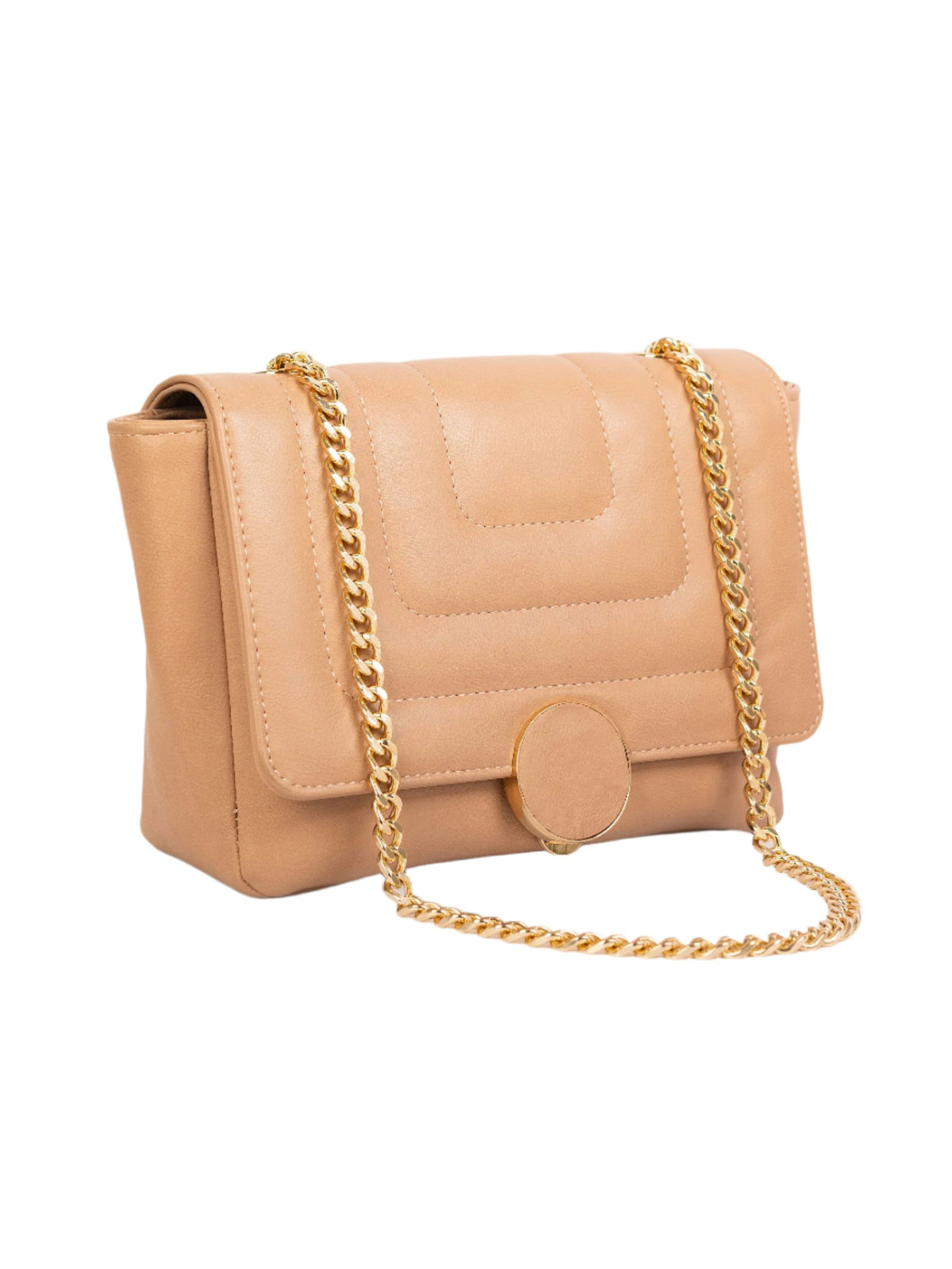 Beige Rexine Handbag with Chain Handle and Brooch