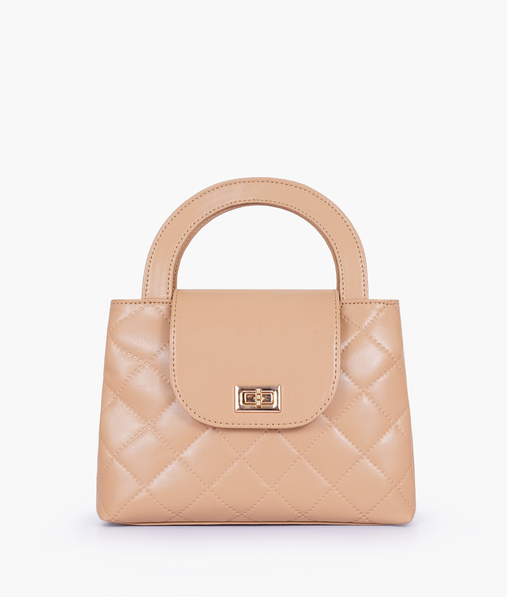 Beige Flap Quilted Bag with Top Handle