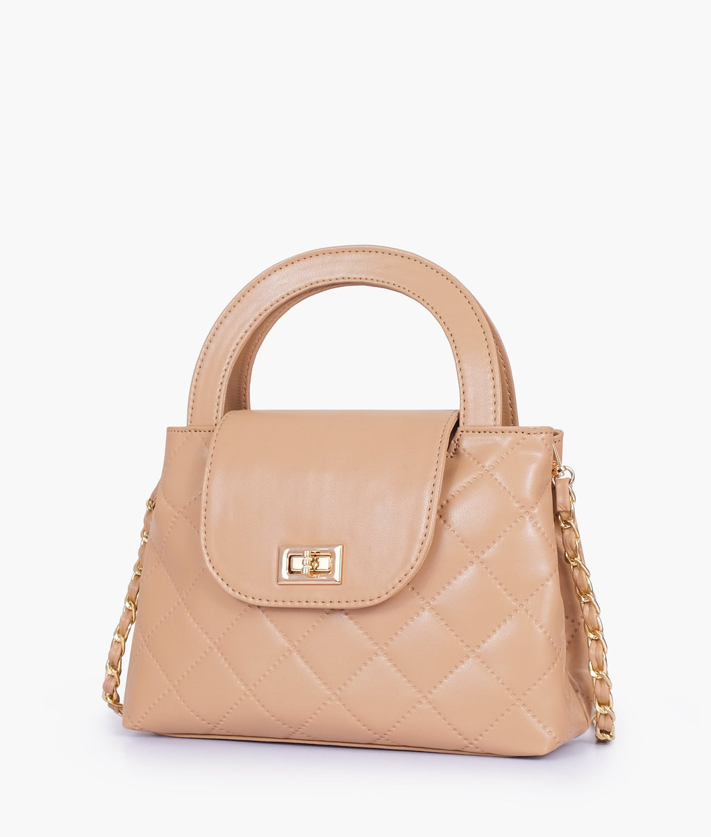 Beige Flap Quilted Bag with Top Handle