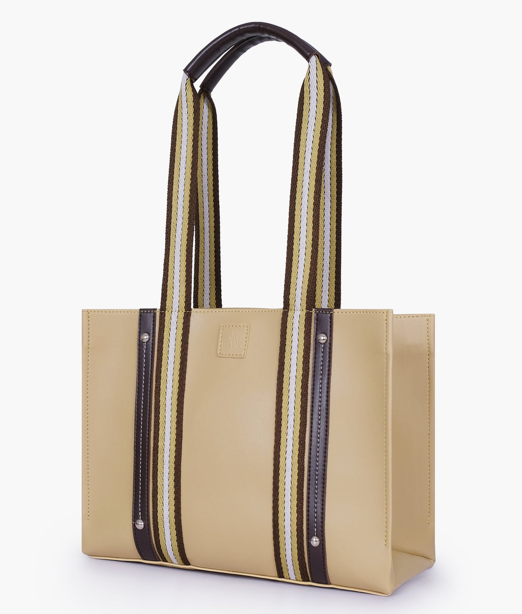 Beige Faux Leather Tote Bag with Long Straps